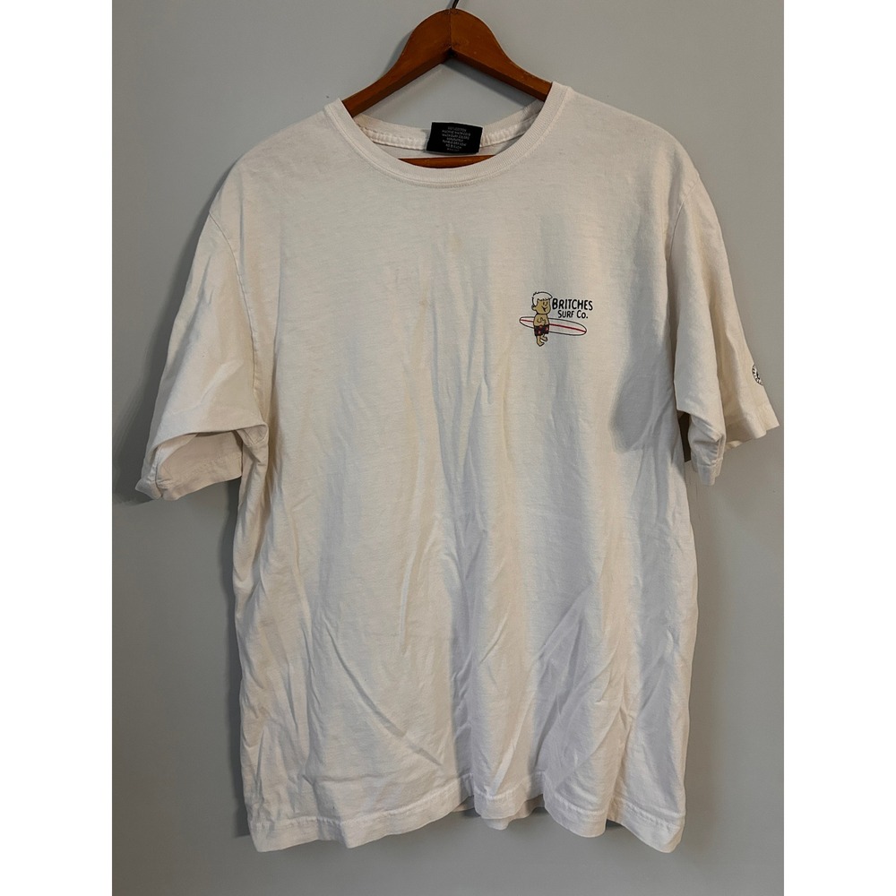 Britches Surf Co Vintage Graphic T-Shirt Mens Medium White Surfer Longboard